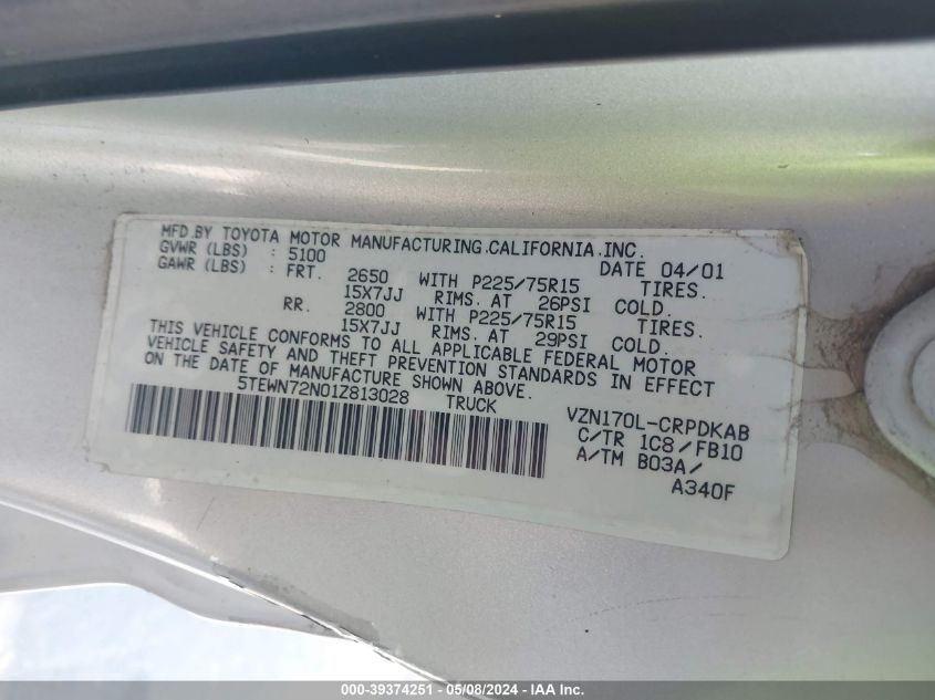 2001 Toyota Tacoma Base V6 VIN: 5TEWN72N01Z813028 Lot: 39374251
