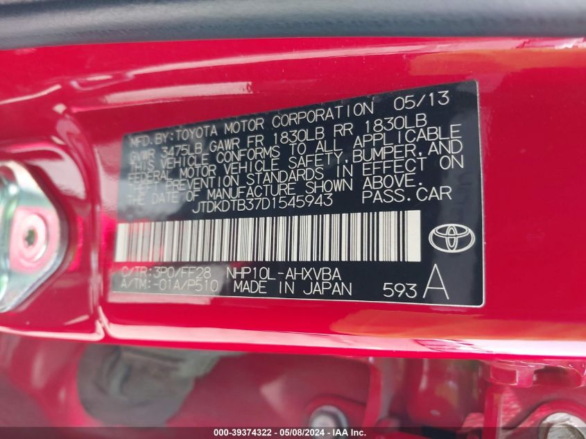 JTDKDTB37D1545943 2013 Toyota Prius C Two