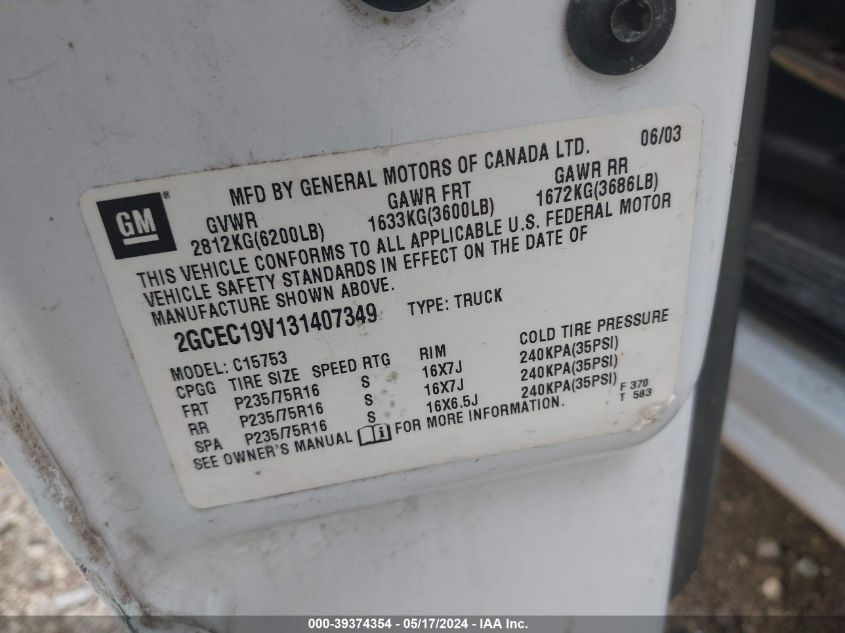 2003 Chevrolet Silverado 1500 Ls VIN: 2GCEC19V131407349 Lot: 39374354