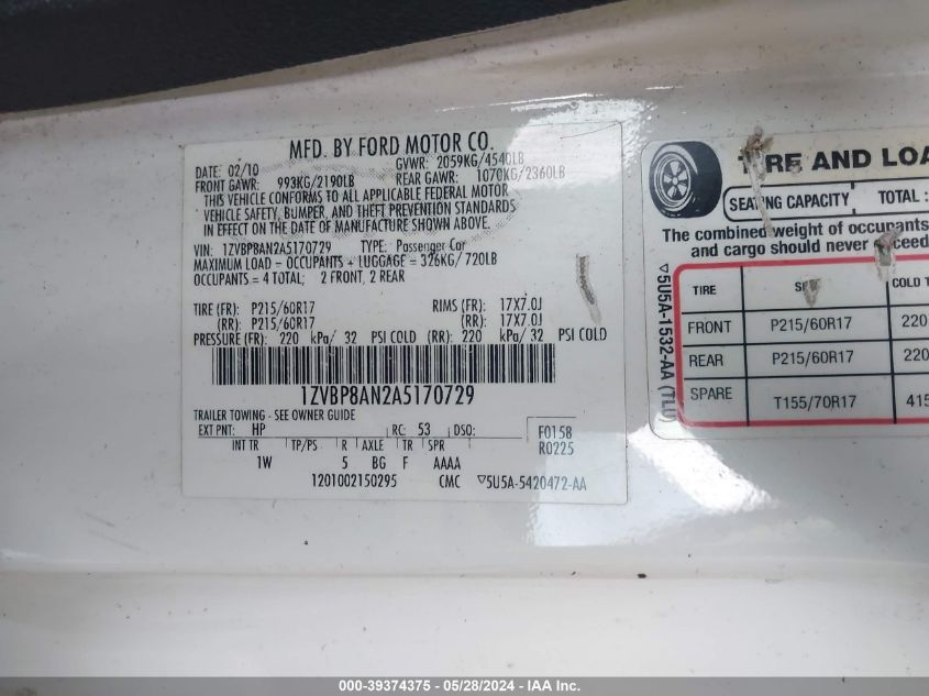 2010 Ford Mustang V6/V6 Premium VIN: 1ZVBP8AN2A5170729 Lot: 39374375