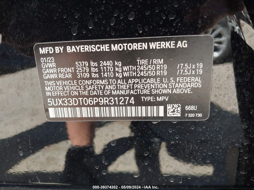 2023 BMW X4 xDrive30I VIN: 5UX33DT06P9R31274 Lot: 39374382