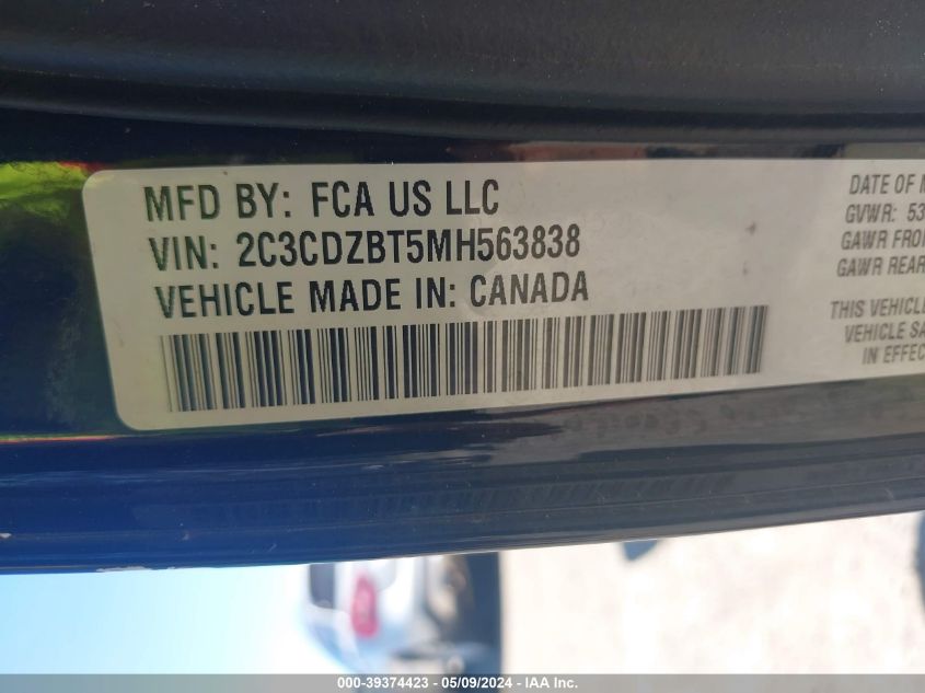 2021 Dodge Challenger R/T VIN: 2C3CDZBT5MH563838 Lot: 39374423