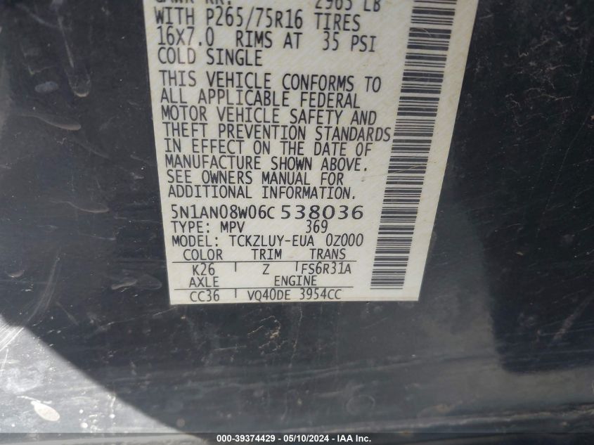 2006 Nissan Xterra Off Road VIN: 5N1AN08W06C538036 Lot: 39374429