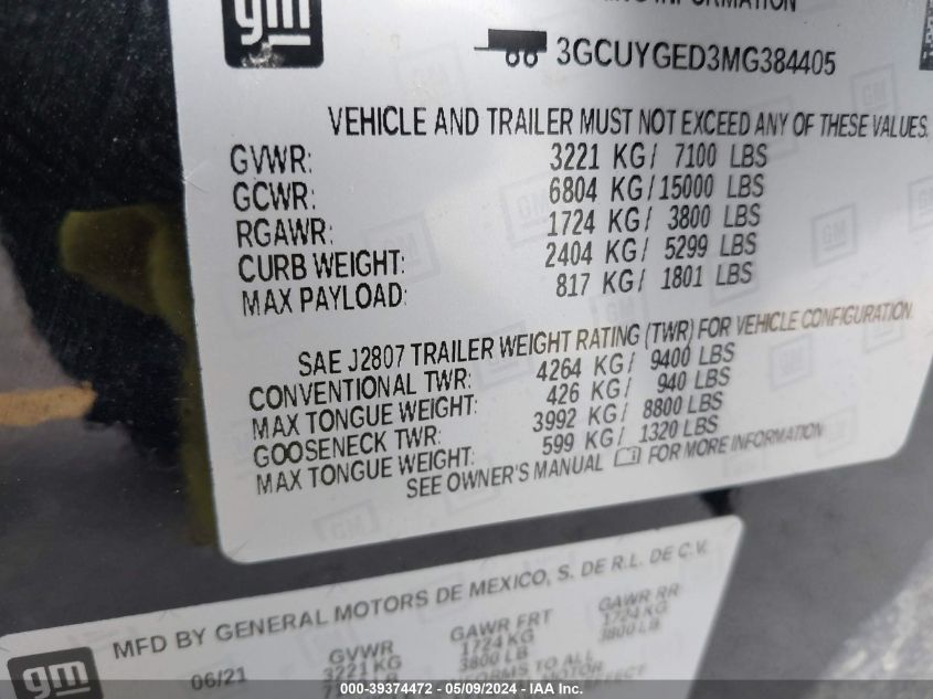 2021 Chevrolet Silverado 1500 4Wd Short Bed Ltz VIN: 3GCUYGED3MG384405 Lot: 39374472