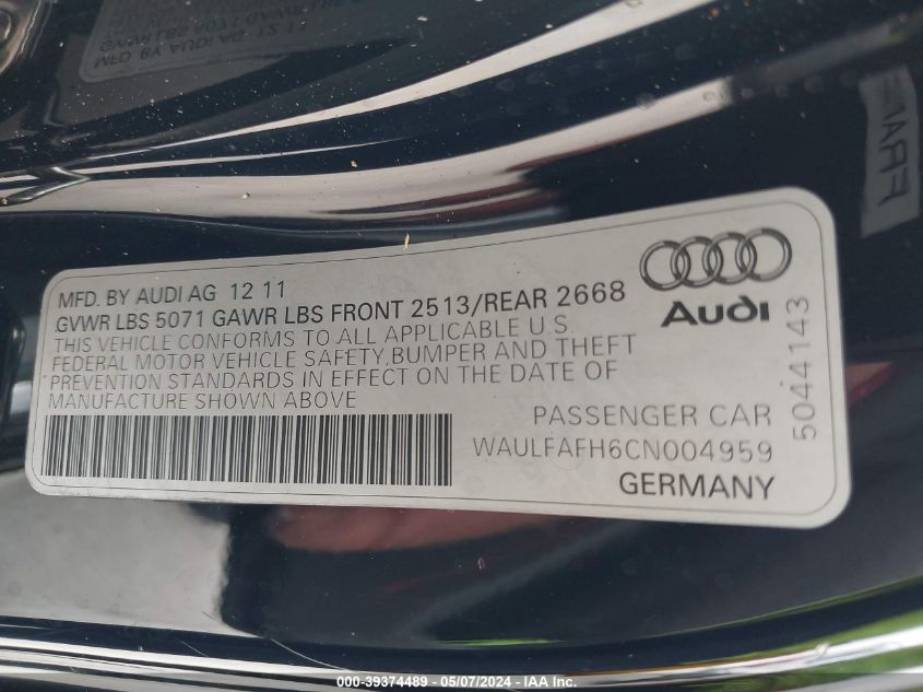 2012 Audi A5 2.0T Premium VIN: WAULFAFH6CN004959 Lot: 39374489