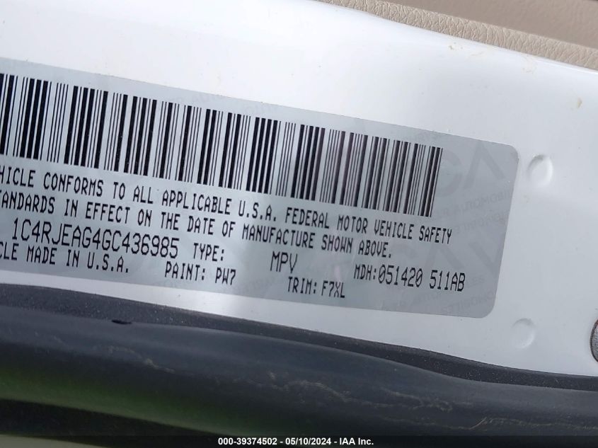 2016 Jeep Grand Cherokee Laredo VIN: 1C4RJEAG4GC436985 Lot: 39374502