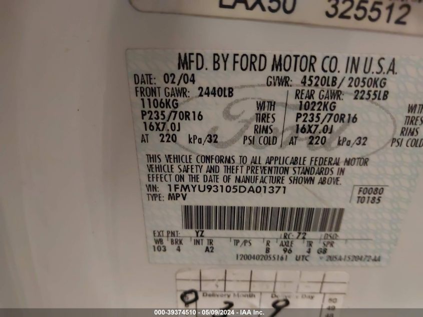 2005 Ford Escape Xlt VIN: 1FMYU93105DA01371 Lot: 39374510