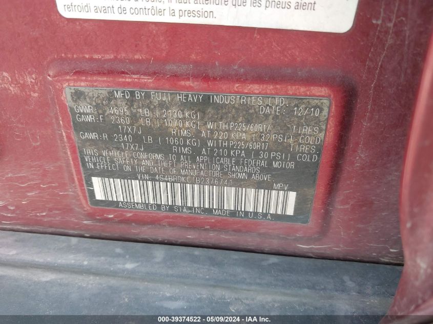 2011 Subaru Outback 3.6R Limited VIN: 4S4BRDKC1B2376741 Lot: 39374522