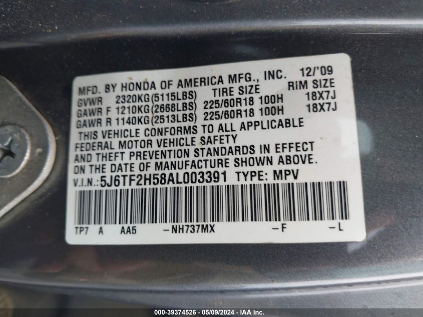 2010 Honda Accord Crosstour Ex-L VIN: 5J6TF2H58AL003391 Lot: 39374526