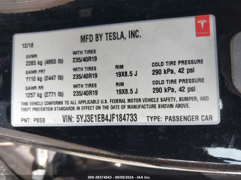 2018 Tesla Model 3 Long Range/Performance VIN: 5YJ3E1EB4JF184733 Lot: 39374543