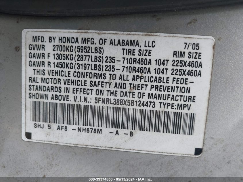 2005 Honda Odyssey Touring VIN: 5FNRL388X5B124473 Lot: 39374653