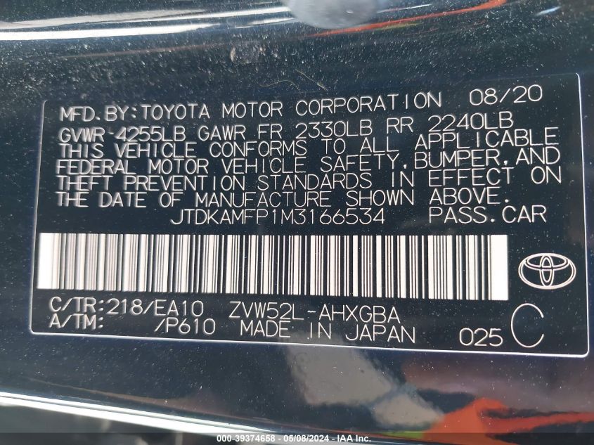 2021 Toyota Prius Prime Limited VIN: JTDKAMFP1M3166534 Lot: 39374658