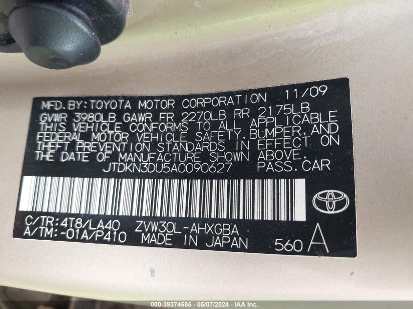 JTDKN3DU5A0090627 | 2010 TOYOTA PRIUS