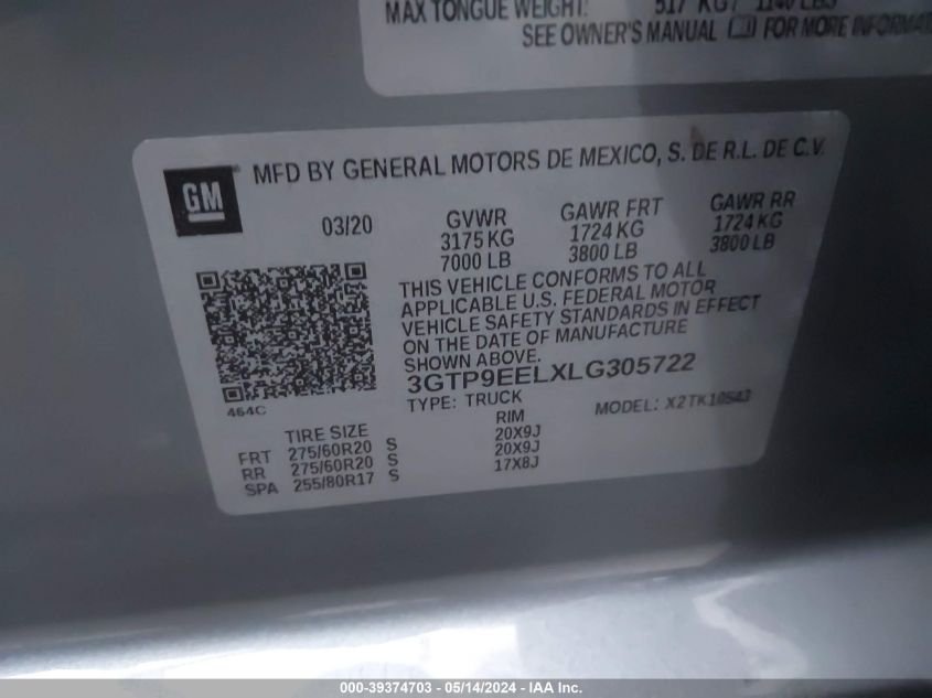 2020 GMC Sierra 1500 4Wd Short Box At4 VIN: 3GTP9EELXLG305722 Lot: 39374703