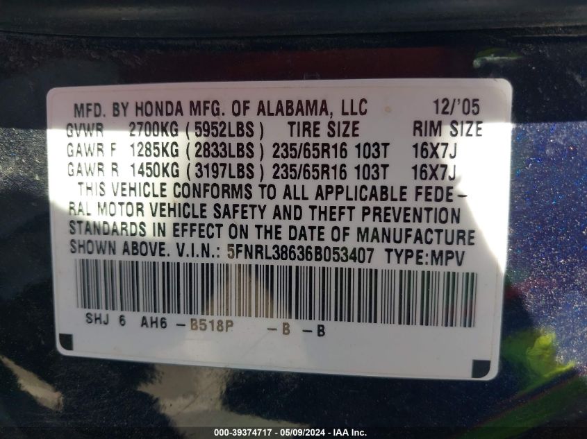 2006 Honda Odyssey Ex-L VIN: 5FNRL38636B053407 Lot: 39374717
