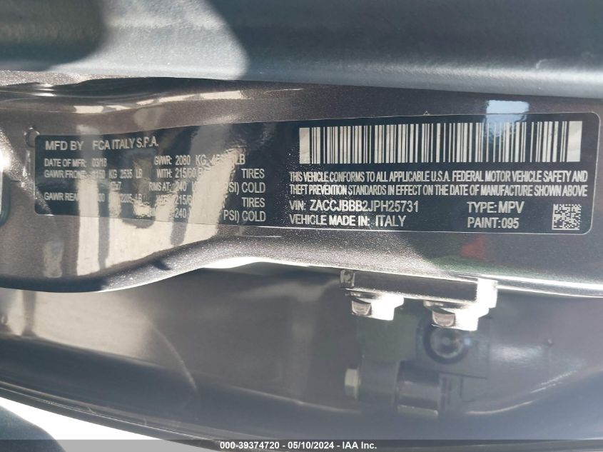 2018 Jeep Renegade Latitude 4X4 VIN: ZACCJBBB2JPH25731 Lot: 39374720