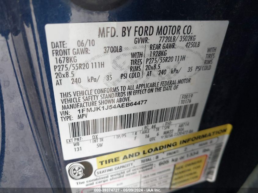 2010 Ford Expedition El Eddie Bauer/King Ranch VIN: 1FMJK1J54AEB64477 Lot: 39374727