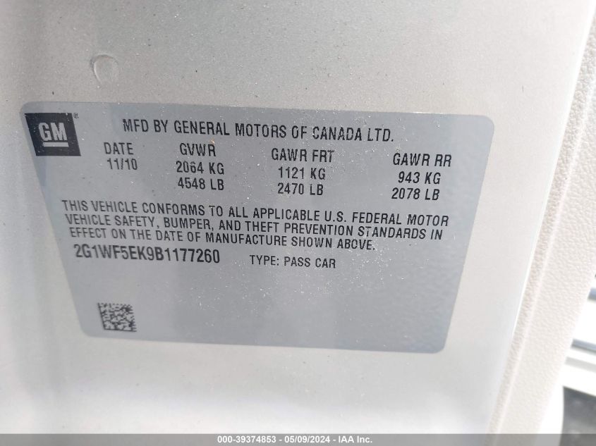 2011 Chevrolet Impala Ls VIN: 2G1WF5EK9B1177260 Lot: 39374853