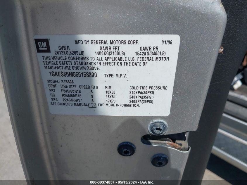 2006 GMC Envoy Xl Denali VIN: 1GKES66M566158390 Lot: 39374857