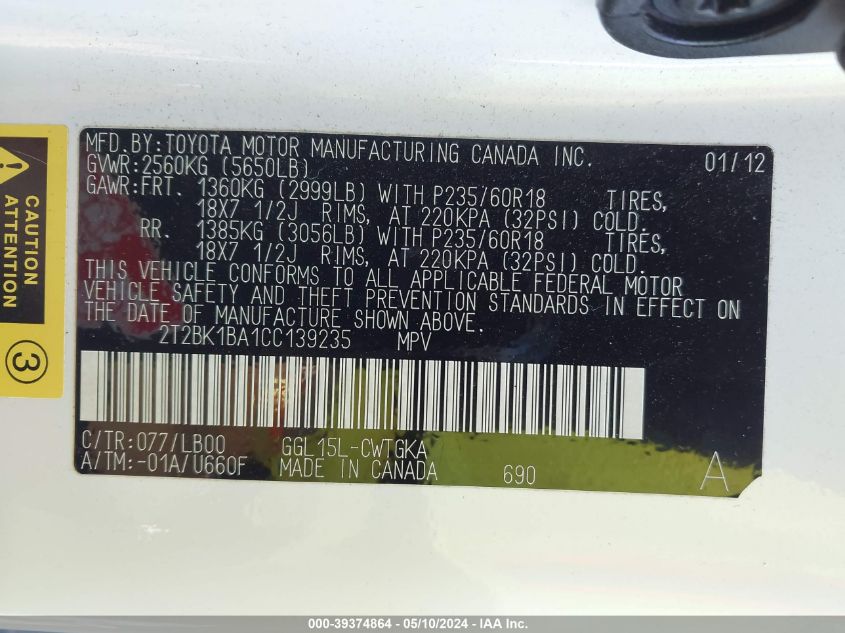 2012 Lexus Rx 350 VIN: 2T2BK1BA1CC139235 Lot: 39374864