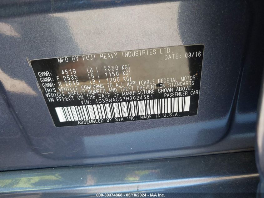 2017 Subaru Legacy 2.5I Premium VIN: 4S3BNAC67H3024581 Lot: 39374868
