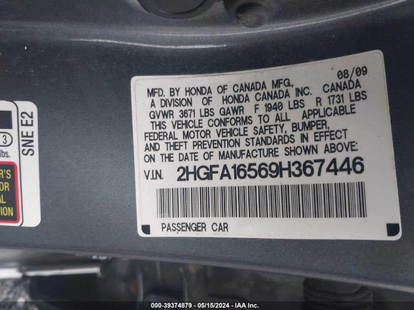 2009 Honda Civic Lx VIN: 2HGFA16569H367446 Lot: 39374879