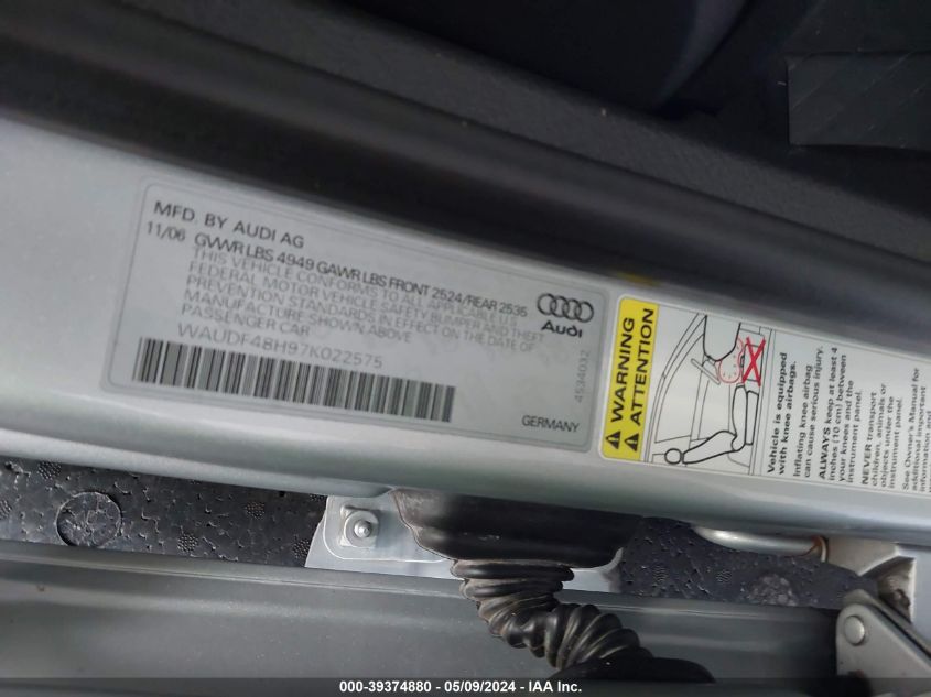 2007 Audi A4 2.0T VIN: WAUDF48H97K022575 Lot: 39374880