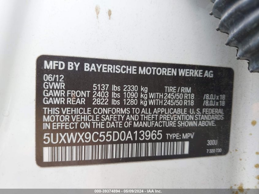 2013 BMW X3 xDrive28I VIN: 5UXWX9C55D0A13965 Lot: 39374894