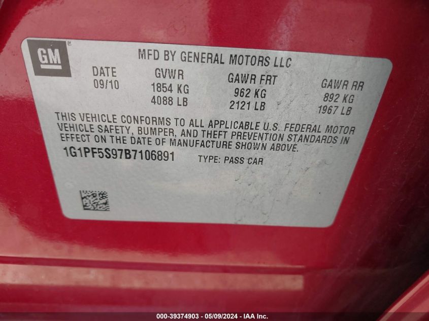 2011 Chevrolet Cruze 1Lt VIN: 1G1PF5S97B7106891 Lot: 39374903