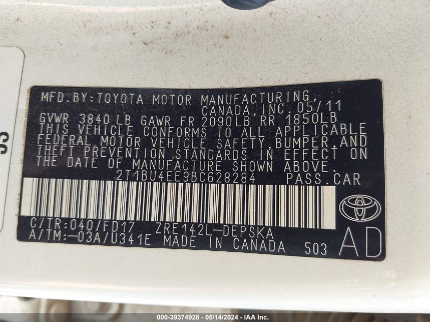 2011 Toyota Corolla S VIN: 2T1BU4EE9BC628284 Lot: 39374928