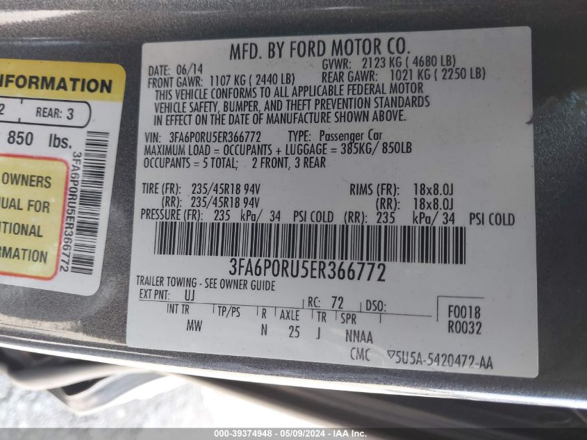 2014 Ford Fusion Hybrid Titanium VIN: 3FA6P0RU5ER366772 Lot: 39374948