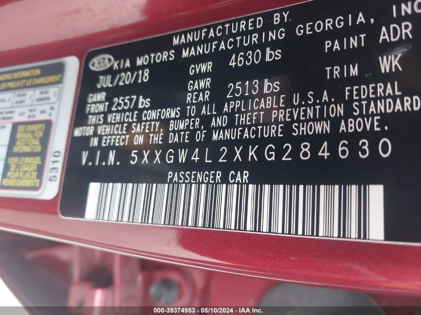 2019 Kia Optima Sx Turbo VIN: 5XXGW4L2XKG284630 Lot: 39374953