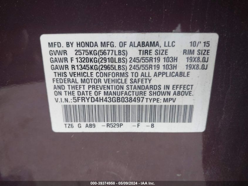 2016 Acura Mdx Technology Acurawatch Plus Packages/Technology Package VIN: 5FRYD4H43GB038497 Lot: 39374958