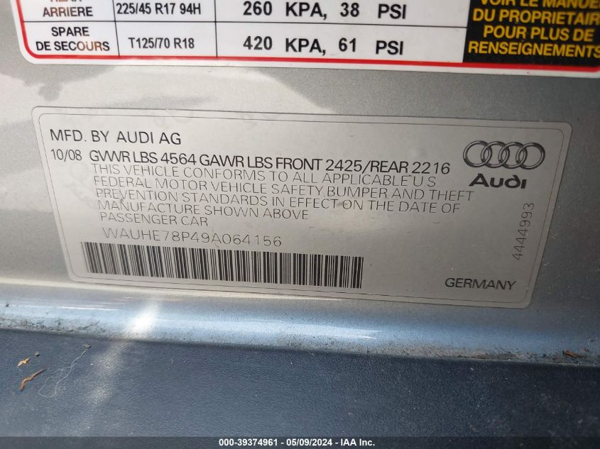 2009 Audi A3 2.0T VIN: WAUHE78P49A064156 Lot: 39374961