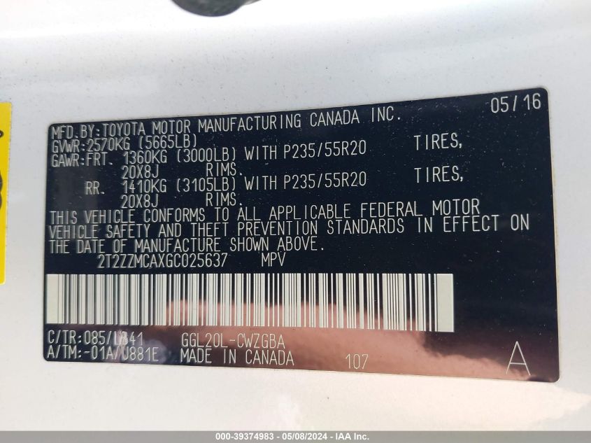 2016 Lexus Rx 350 VIN: 2T2ZZMCAXGC025637 Lot: 39374983