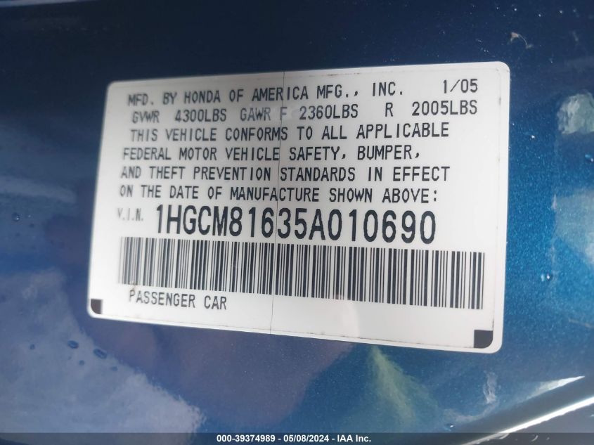 2005 Honda Accord 3.0 Ex VIN: 1HGCM81635A010690 Lot: 39374989