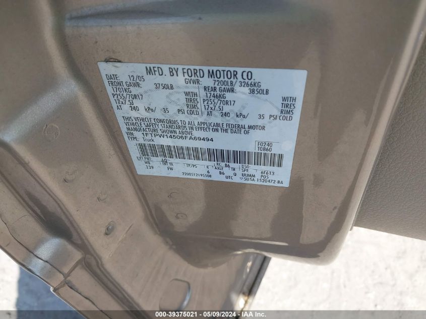 2006 Ford F-150 Fx4/Lariat/Xlt VIN: 1FTPW14506FA69494 Lot: 39375021