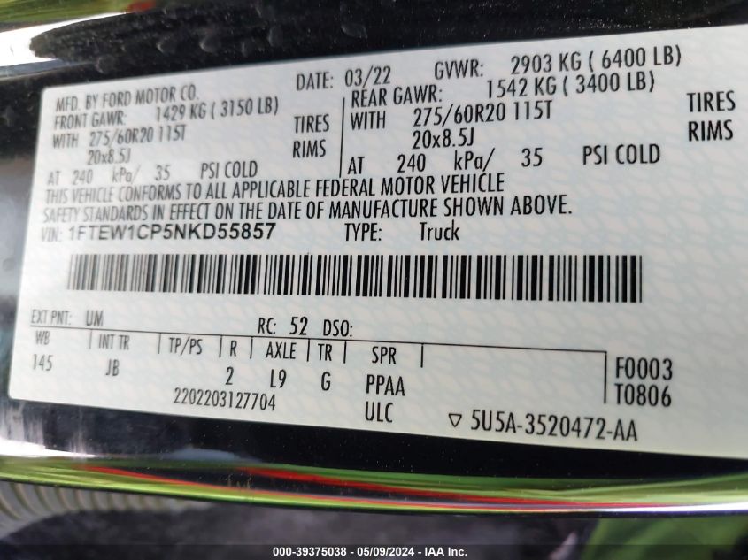 2022 Ford F-150 Xl VIN: 1FTEW1CP5NKD55857 Lot: 39375038