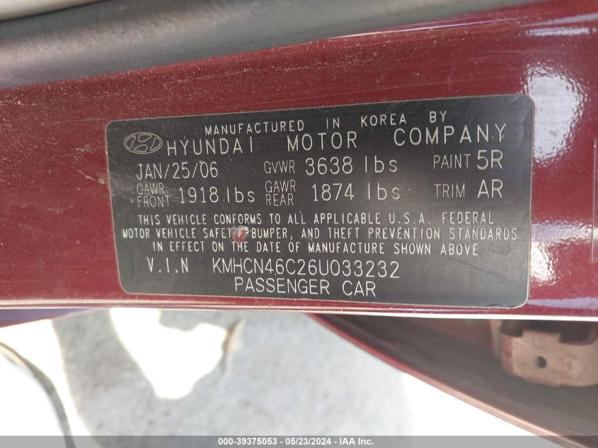 2006 Hyundai Accent Gls VIN: KMHCN46C26U033232 Lot: 39375053