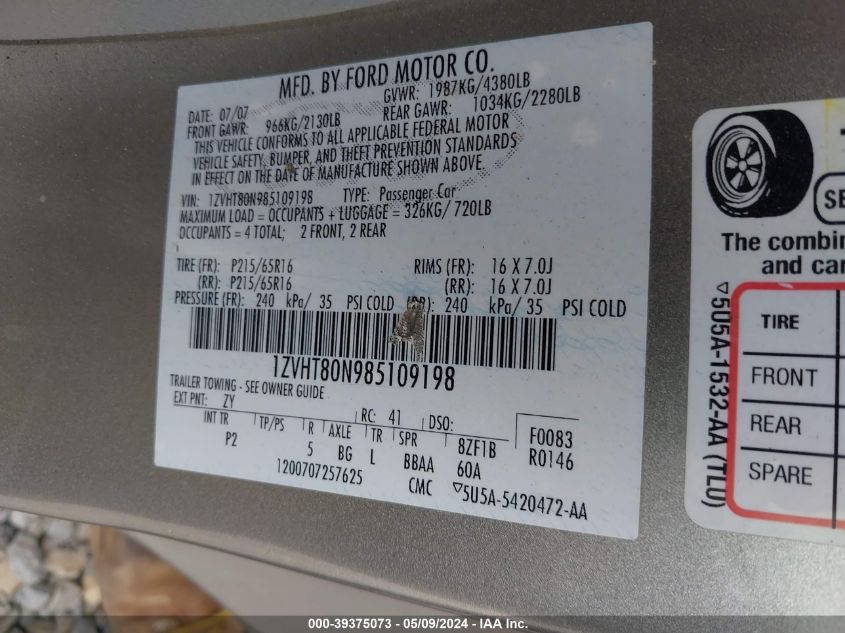 2008 Ford Mustang V6 Deluxe/V6 Premium VIN: 1ZVHT80N985109198 Lot: 39375073