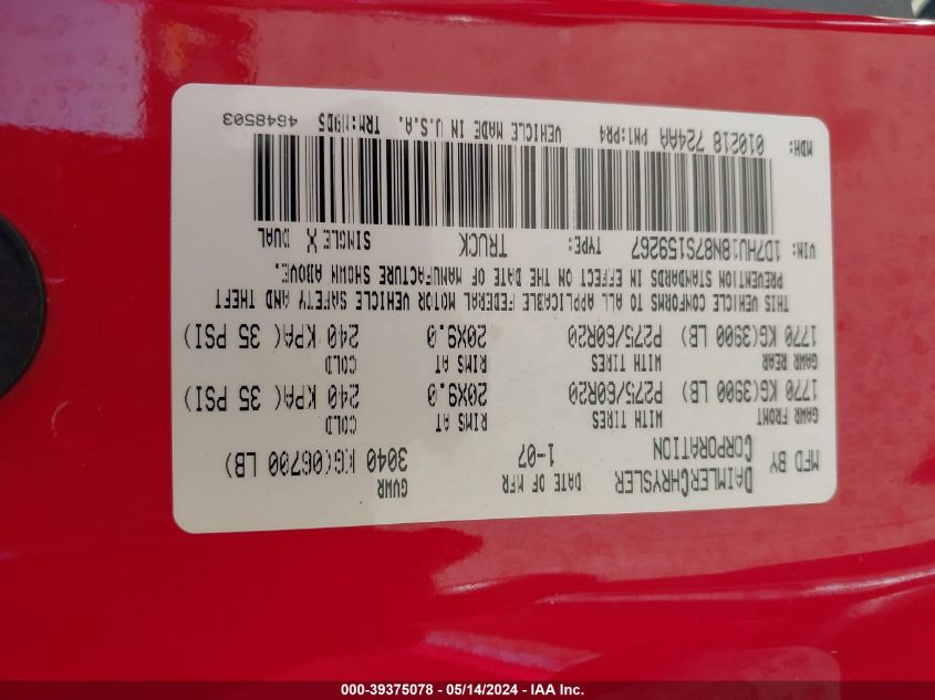 2007 Dodge Ram 1500 Slt/Trx4 Off Road/Sport VIN: 1D7HU18N87S159267 Lot: 39375078