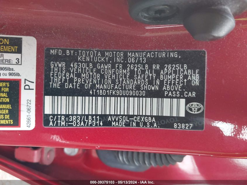 2013 TOYOTA CAMRY HYBRID XLE - 4T1BD1FK9DU090030