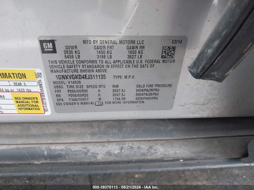 2014 Chevrolet Traverse 1Lt VIN: 1GNKVGKD4EJ311135 Lot: 39375113