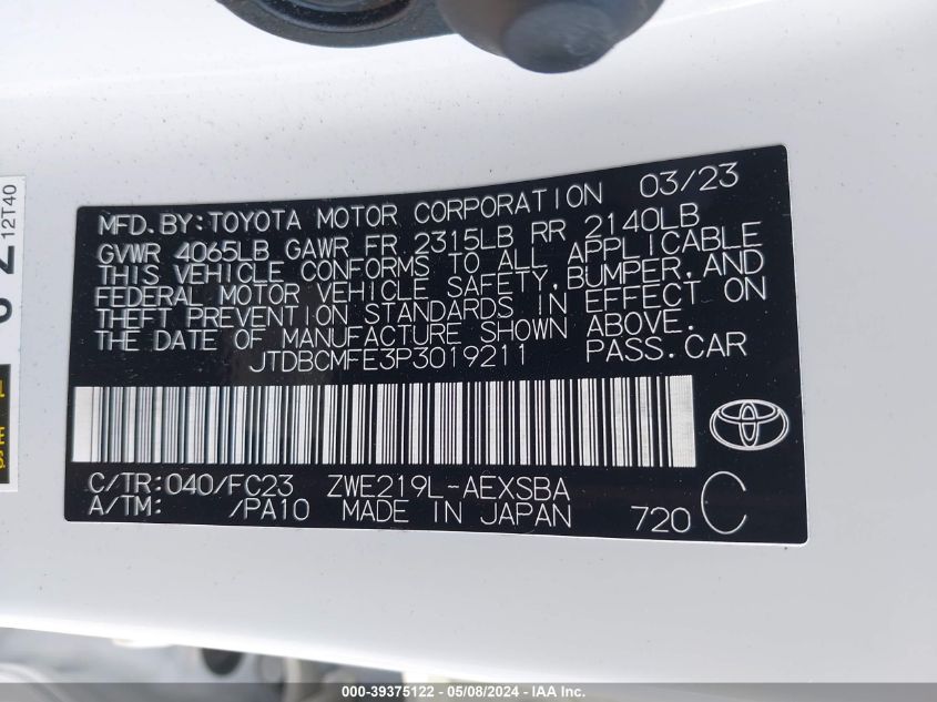 2023 Toyota Corolla Hybrid Se VIN: JTDBCMFE3P3019211 Lot: 39375122