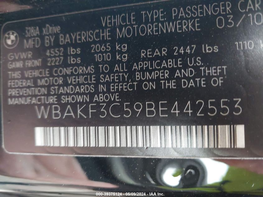 2011 BMW 328I xDrive VIN: WBAKF3C59BE442553 Lot: 39375124