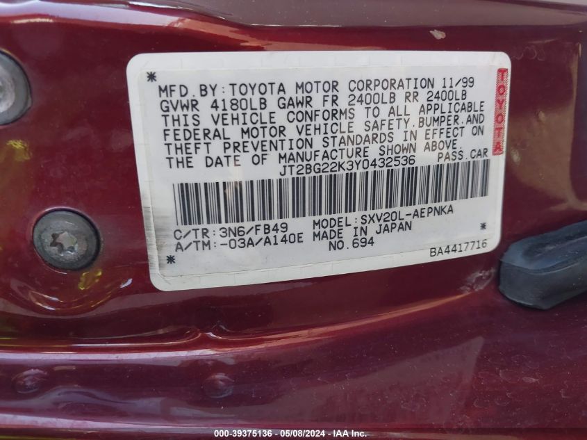 2000 Toyota Camry Le VIN: JT2BG22K3Y0432536 Lot: 39375136