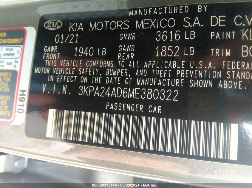 VIN 3KPA24AD6ME380322 2021 KIA RIO LX/S