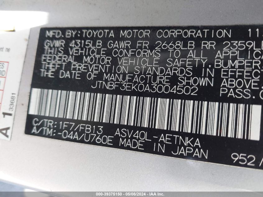 2010 Toyota Camry Le VIN: JTNBF3EK0A3004502 Lot: 39375150