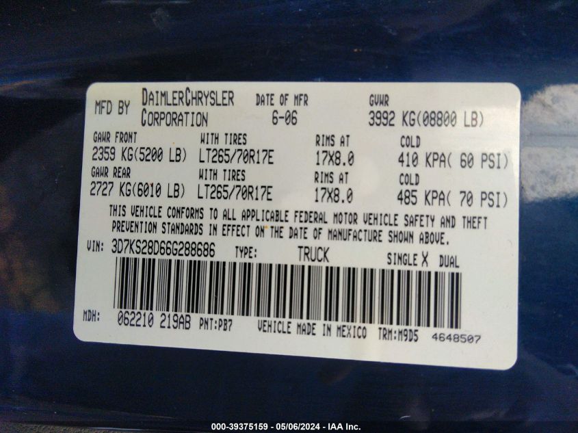 2006 Dodge Ram 2500 Slt/Trx4 Off Road/Sport/Power Wagon VIN: 3D7KS28D66G288686 Lot: 39375159