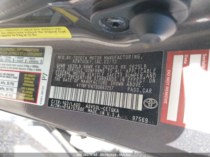 2013 Toyota Camry Xle VIN: 4T1BF1FK7DU663257 Lot: 39375165